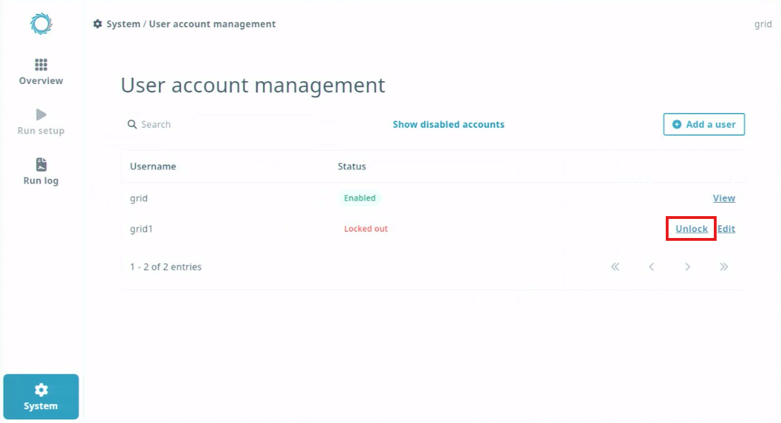 system-user acct management-locked out account-Click unlock