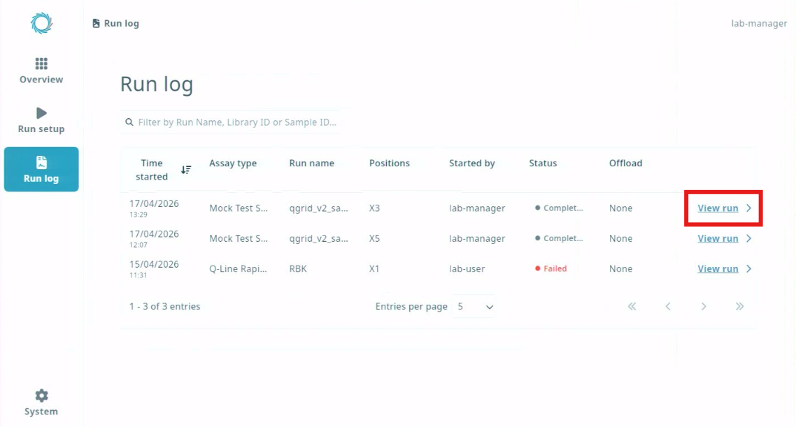 View seq data-click run log - click View run
