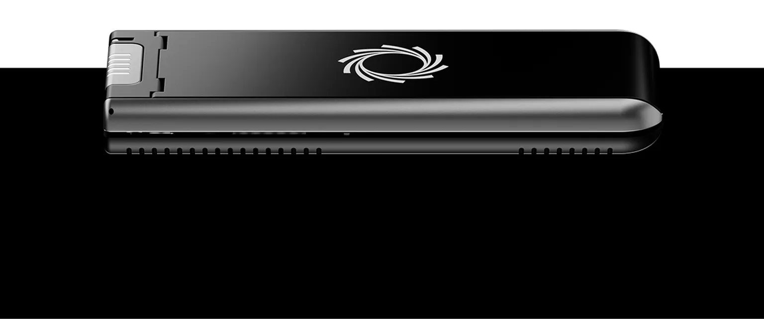 Side view of a MinION Mk1D sequencing device on a black background