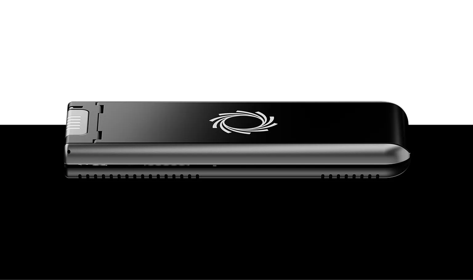 Side view of a MinION Mk1D sequencing device on a black background