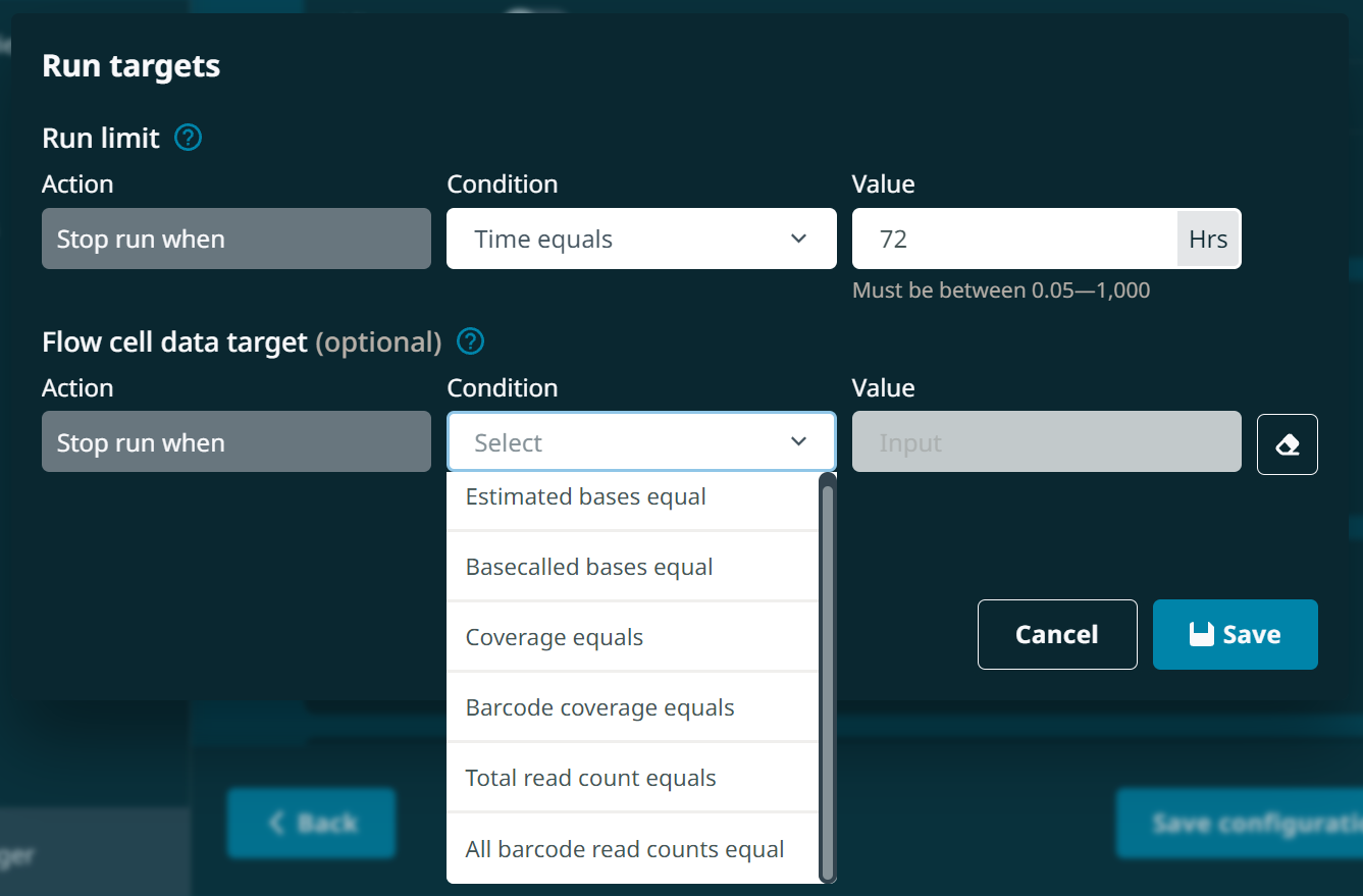 Run targets window showing data target conditions menu Run targets window showing data target conditions menu