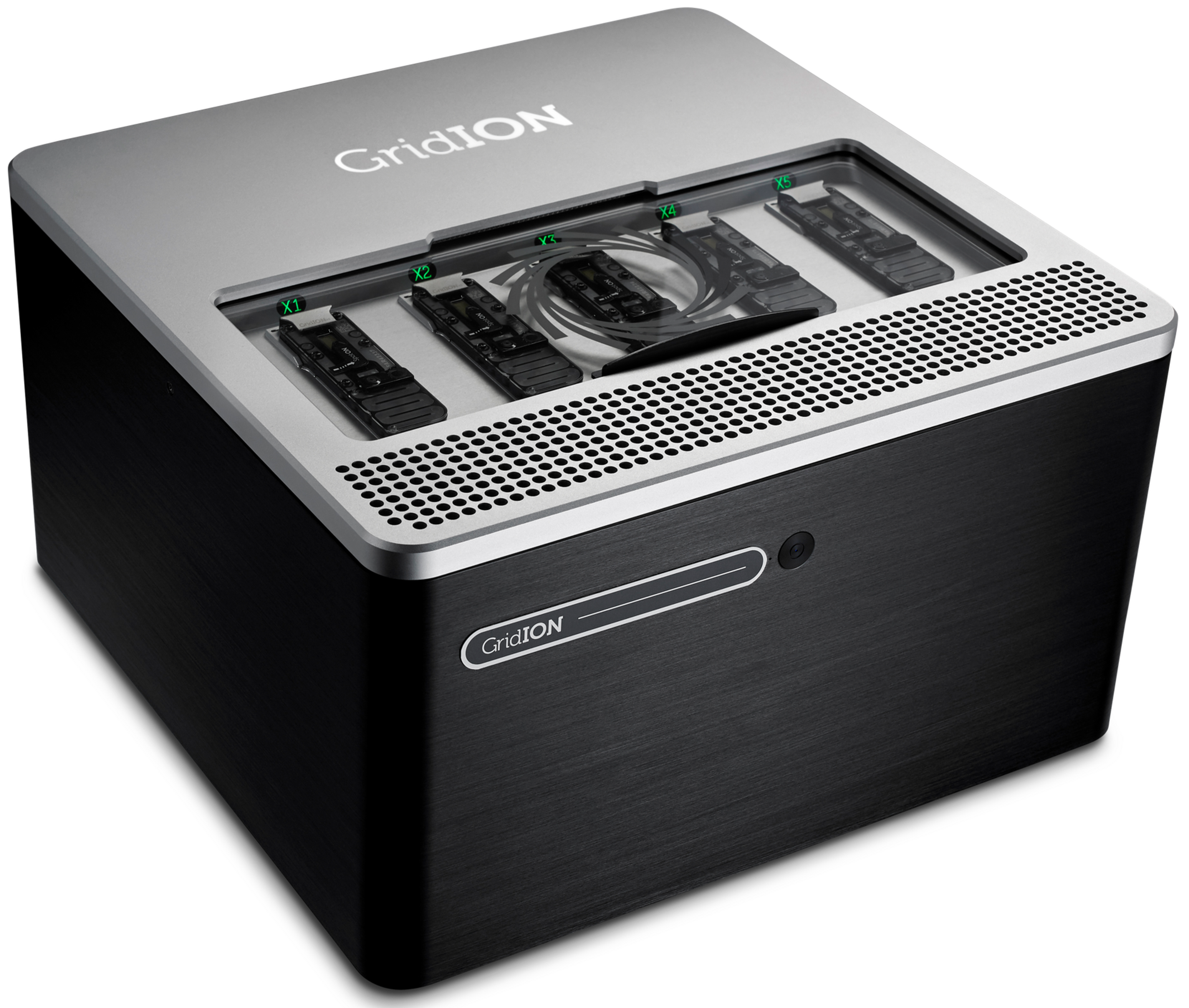 GridION side image showing five flow cell positions
