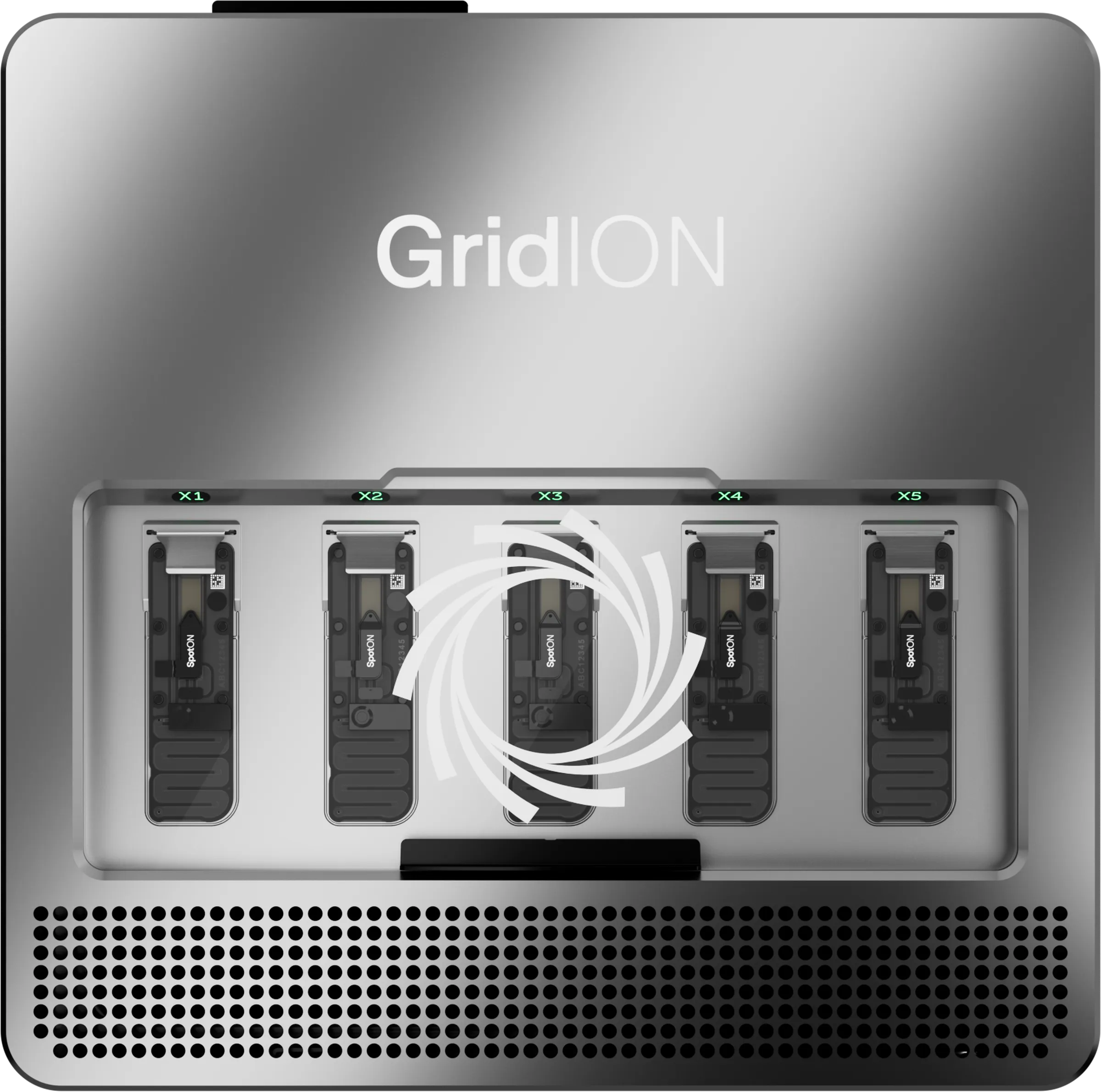 Top down view of a GridION Q sequencing device with five flow cells