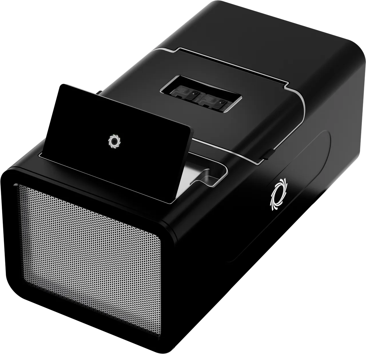 Left, elevated view of a PromethION 2 Integrated sequencing device with screen open