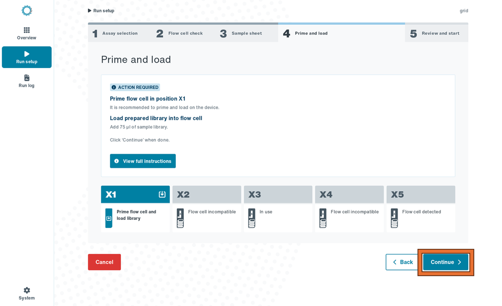 Prime and load flow cell continue