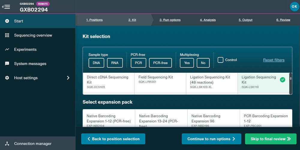 MinKNOW LSK110 kit selection
