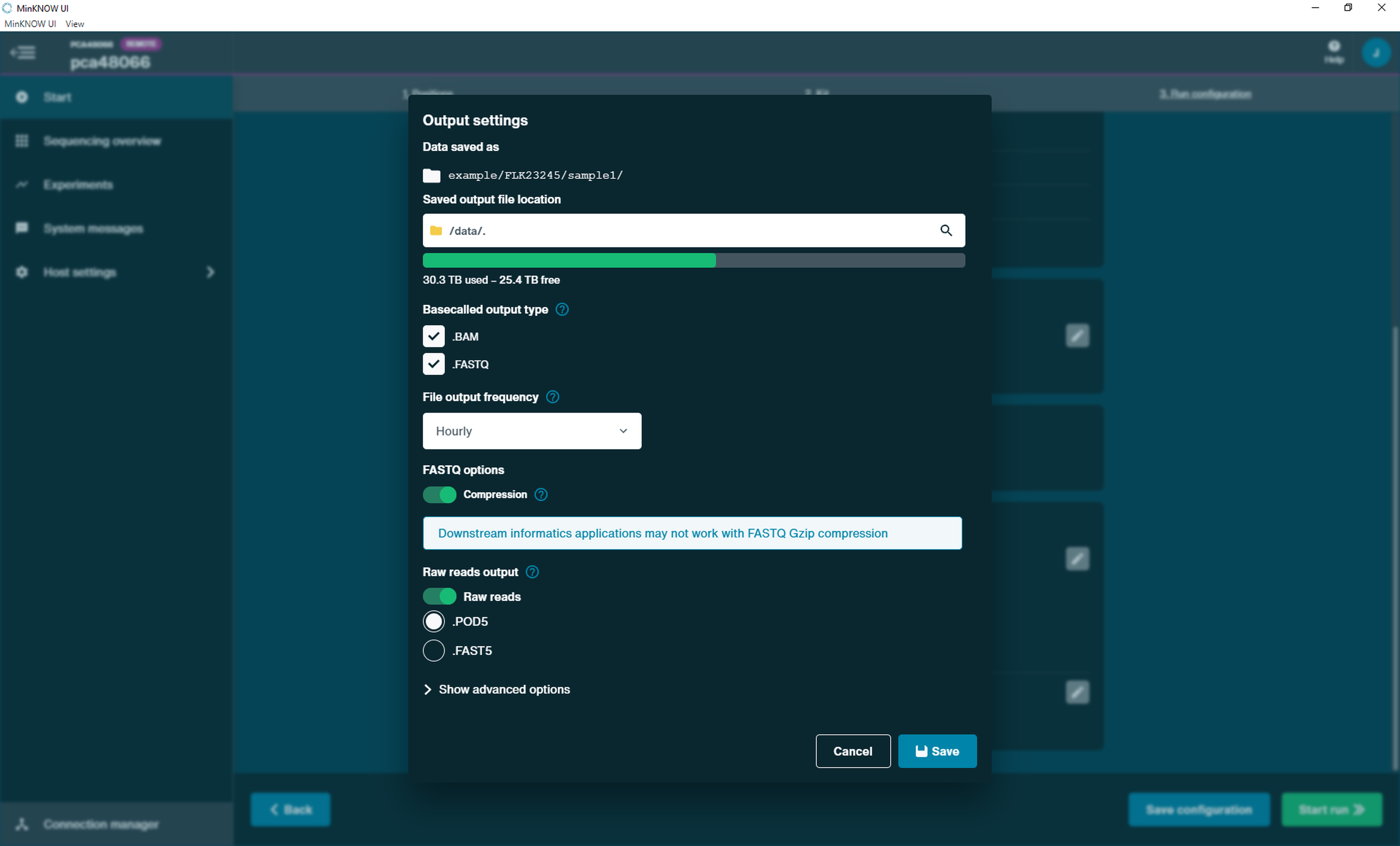 Screenshot of Output Settings page in MinKNOW.
