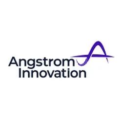 Logo of Angstrom Innovation featuring a stylized purple wave above the company name in dark blue text.