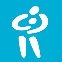 White abstract figures resembling a parent holding a child on a blue background.