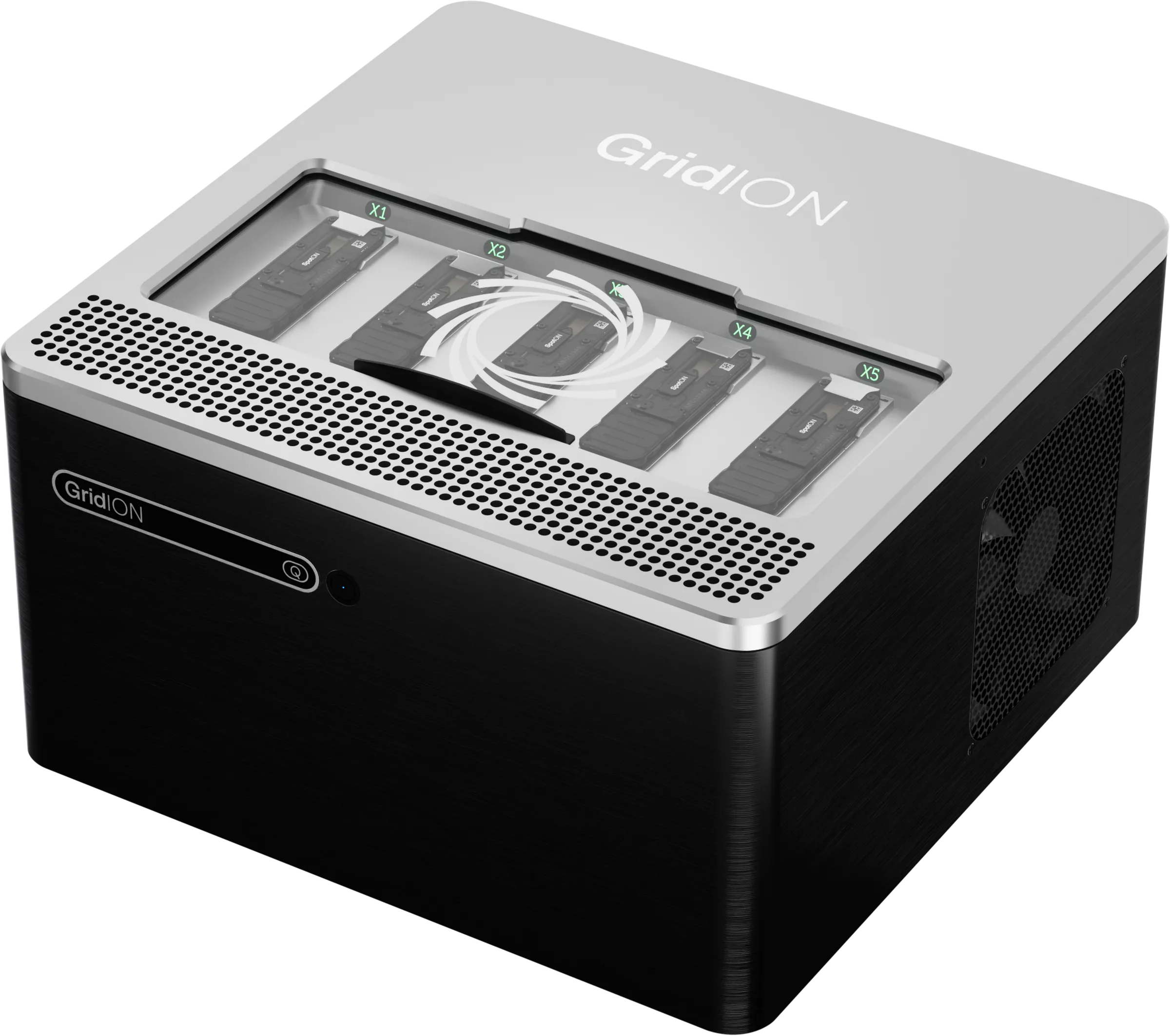 Front, left elevated view of a GridION Q sequencing device