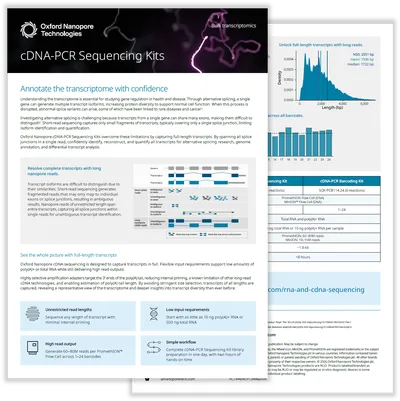 Flyer for Oxford Nanopore Technologies' cDNA-PCR Sequencing Kits, featuring graphs, diagrams, and key product benefits for transcriptome analysis.