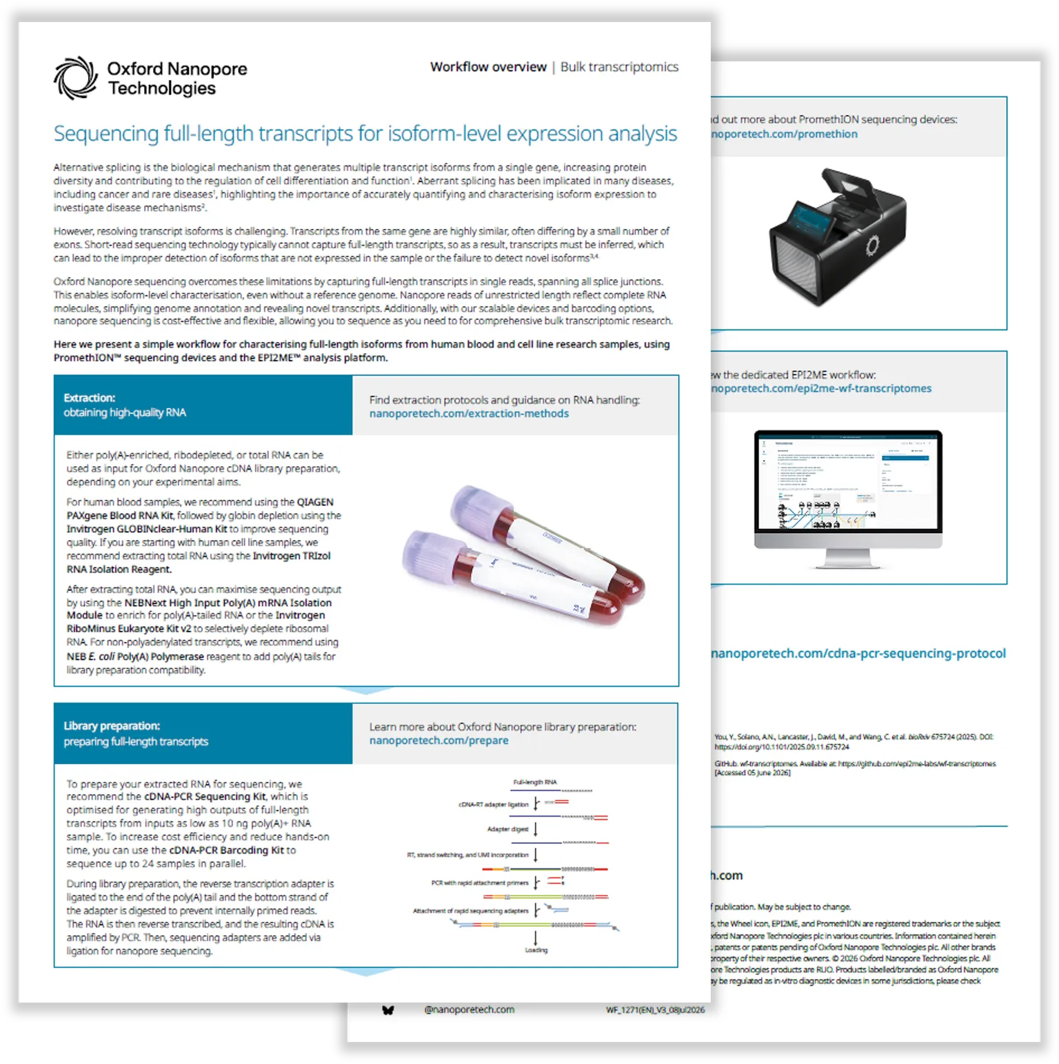 Flyer from Oxford Nanopore Technologies detailing RNA extraction and library preparation for full-length isoform sequencing, with images of test tubes.