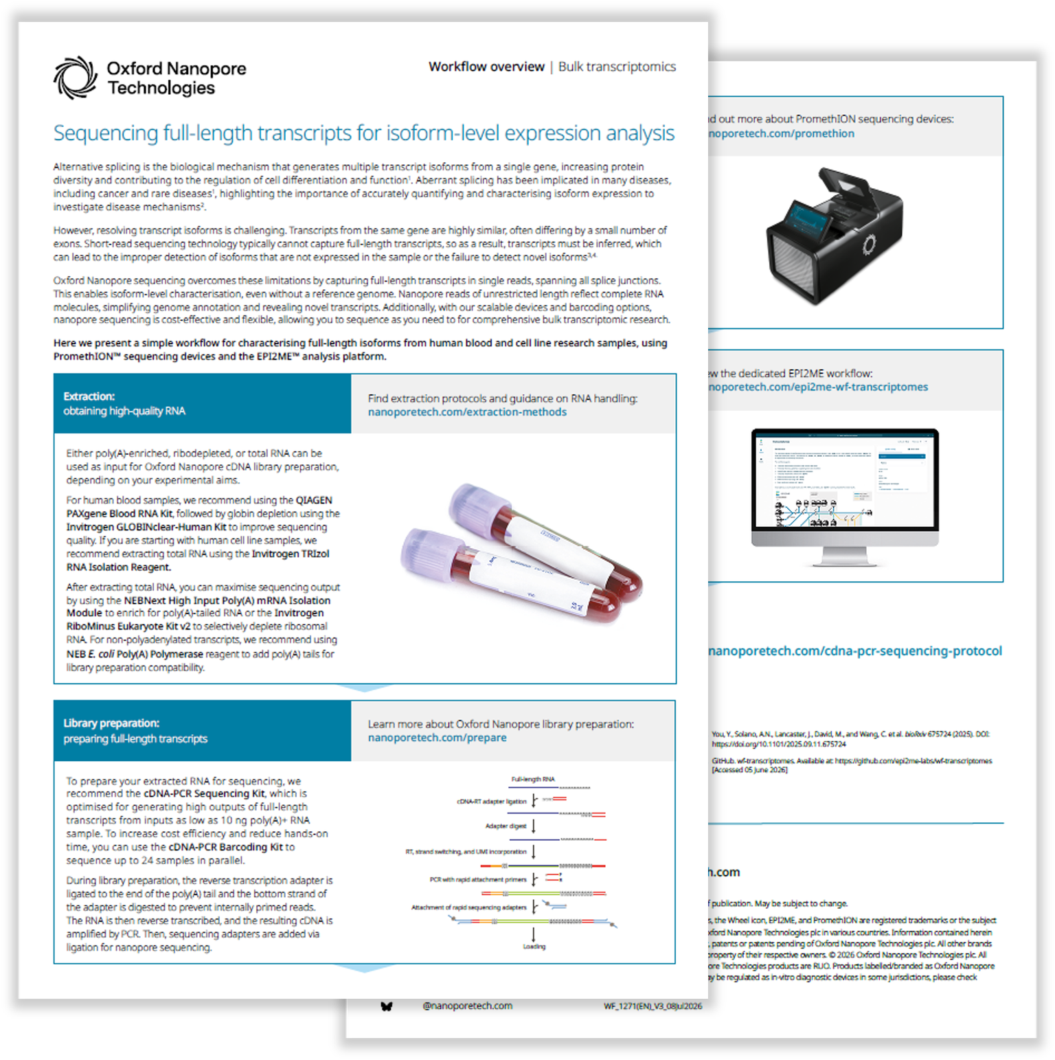 Flyer from Oxford Nanopore Technologies detailing RNA extraction and library preparation for full-length isoform sequencing, with images of test tubes.
