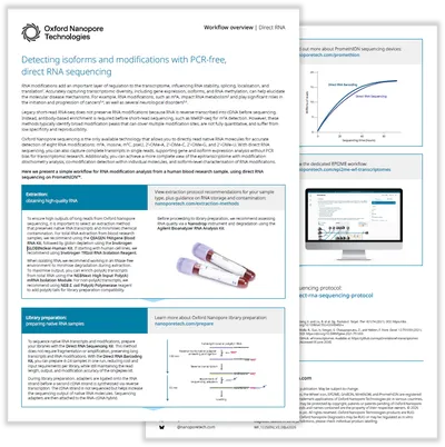 A document from Oxford Nanopore Technologies detailing workflow for PCR-free, direct RNA sequencing, featuring diagrams, text, and lab tools.