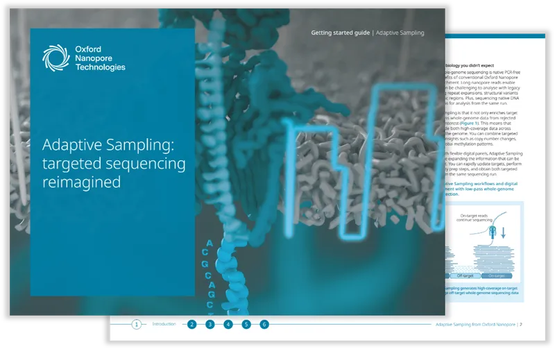 Cover of an Oxford Nanopore Technologies guide titled "Adaptive Sampling: targeted sequencing reimagined," with DNA strands and text highlights.