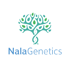 A stylized tree with DNA strand roots, above the words "NalaGenetics" in blue and gray text.
