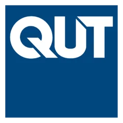 QUT logo with white letters on a blue background.