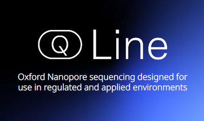 Logo with text: "Q Line: Oxford Nanopore sequencing designed for use in regulated and applied environments" on a blue gradient background.
