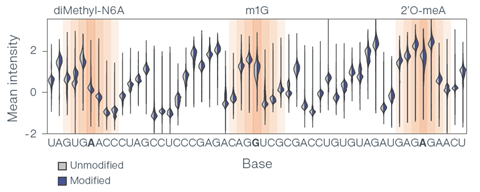 A graph showing how three modifications disrupt signal intensity and other values as RNA moves through the nanopore