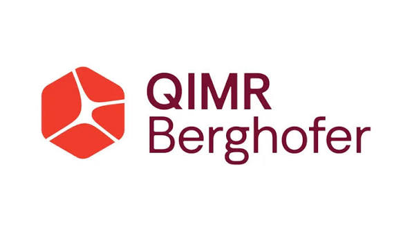 Logo of QIMR Berghofer featuring a red geometric shape resembling a stylized cell and the name in burgundy text on a white background.