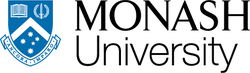 Monash University logo with a blue shield featuring a book, laurel, stars, and Latin motto "Ancora Imparo" beside the university name in black text.