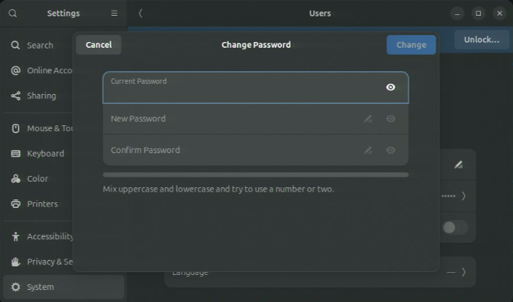 change password-Settings-change password window