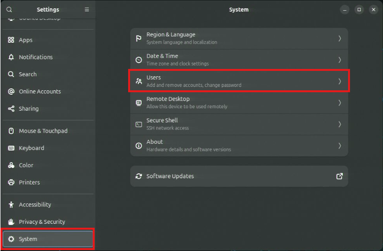change password-Settings-select System-select Users