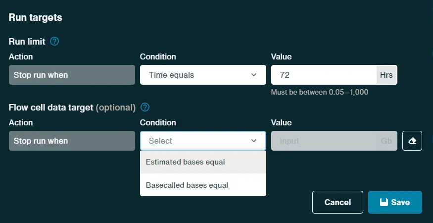 Run targets window showing data target conditions menu Run targets window showing data target conditions menu