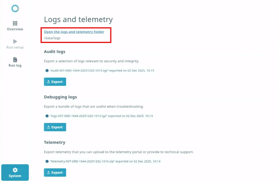 Logs and telemetry page-exports complete-click open folder