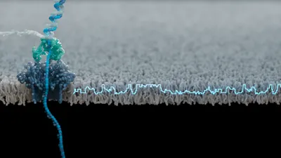 Graphical image of a DNA molecule passing through a nanopore, generating a characteristic and measurable disruption to the electrical signal