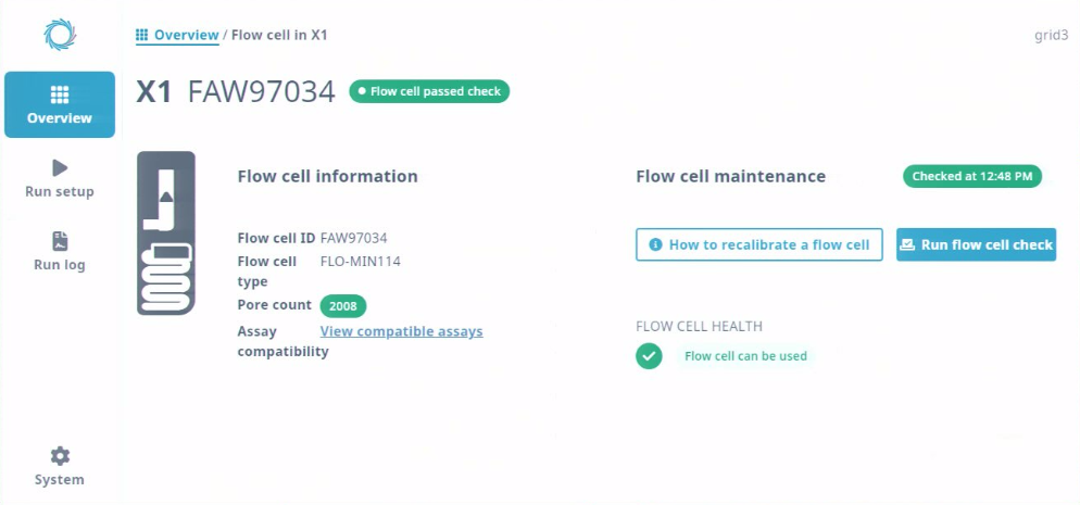 View flow cell - Flow cell check passed