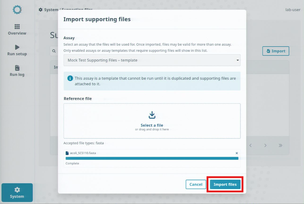 Import suppt files window-Assay selected-Suppt-file-complete-Import